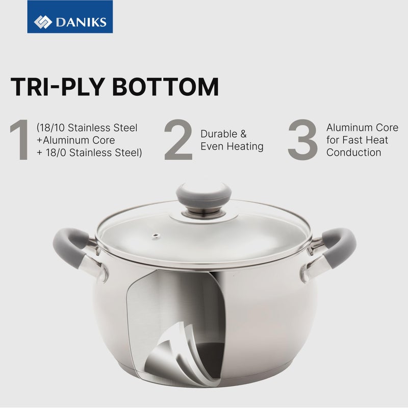 Daniks Modern 4 Quart Stainless Steel Stock Pot with Glass Lid, Tri-Ply Bottom for Even Heating, Induction Compatible, Dishwasher Safe, Heatproof Handles - Image 3